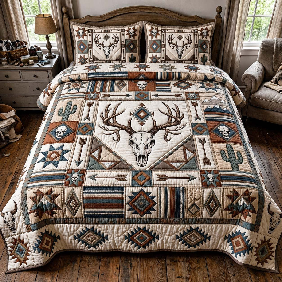 Skull Trails quilted 3-piece bedding set on a made bed against a dark styled interior