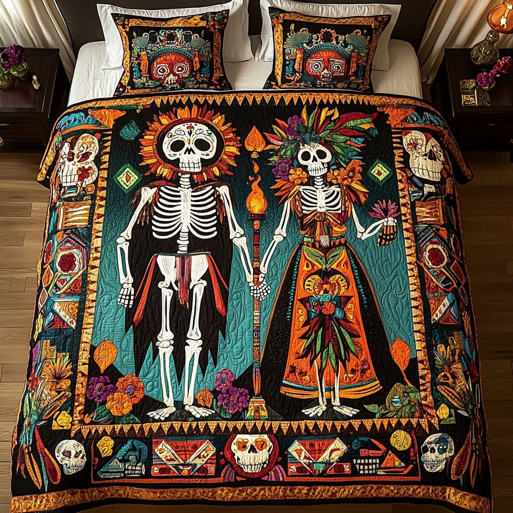 Skullful Serenade quilted 3-piece bedding set on a made bed against a dark styled interior