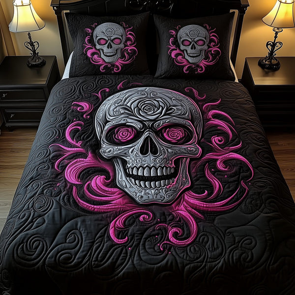 Skulll quilted 3-piece bedding set on a made bed against a dark styled interior