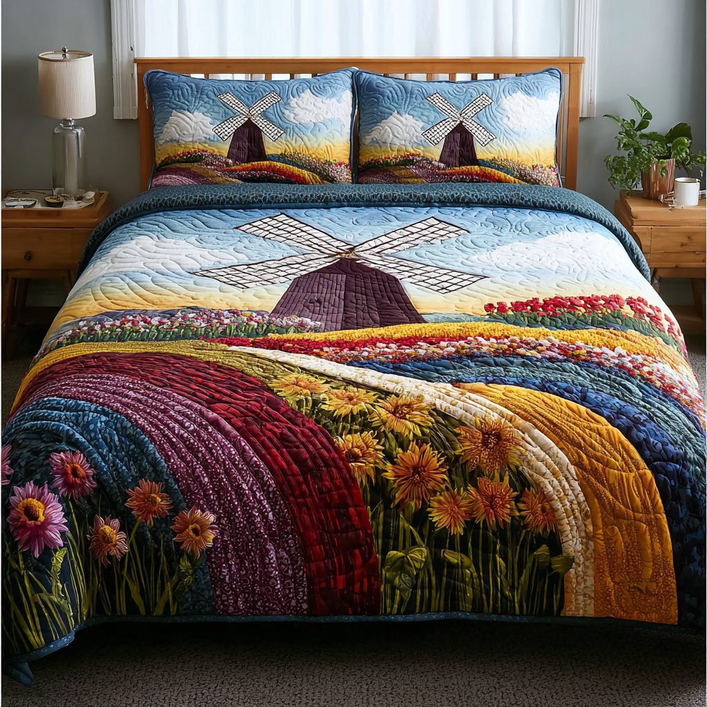 Sky Garden quilted 3-piece bedding set on a made bed with two matching pillow shams