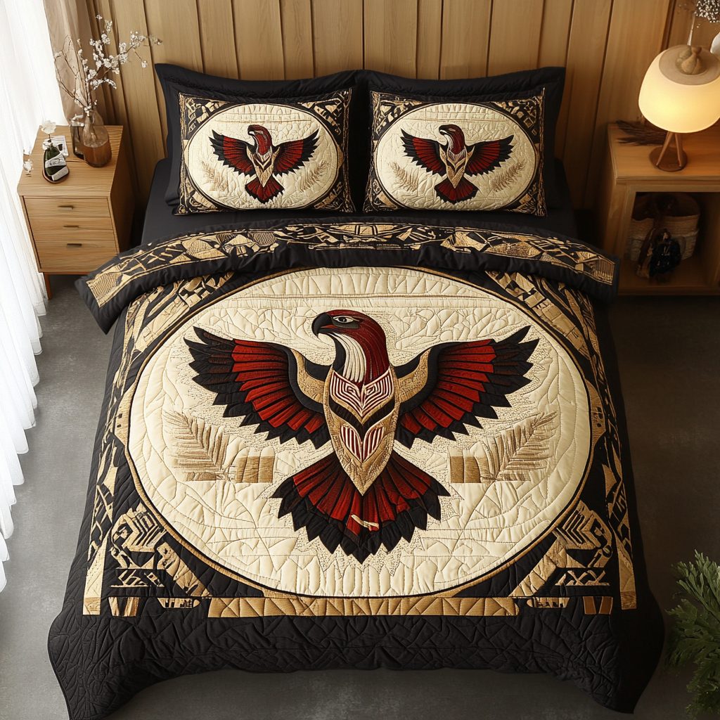 Sky Guardian quilted 3-piece bedding set on a made bed with two matching pillow shams