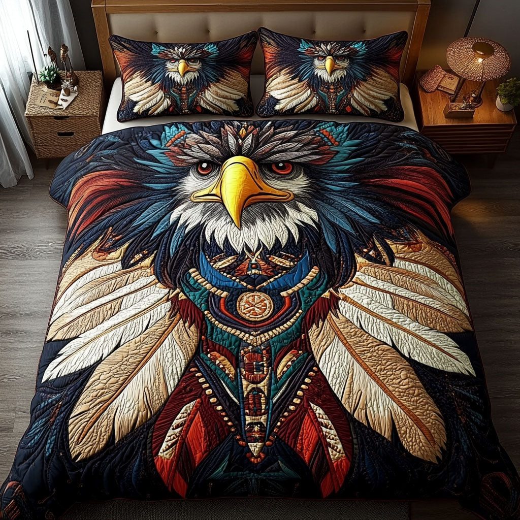 Sky Guardians quilted 3-piece bedding set on a made bed with two matching pillow shams