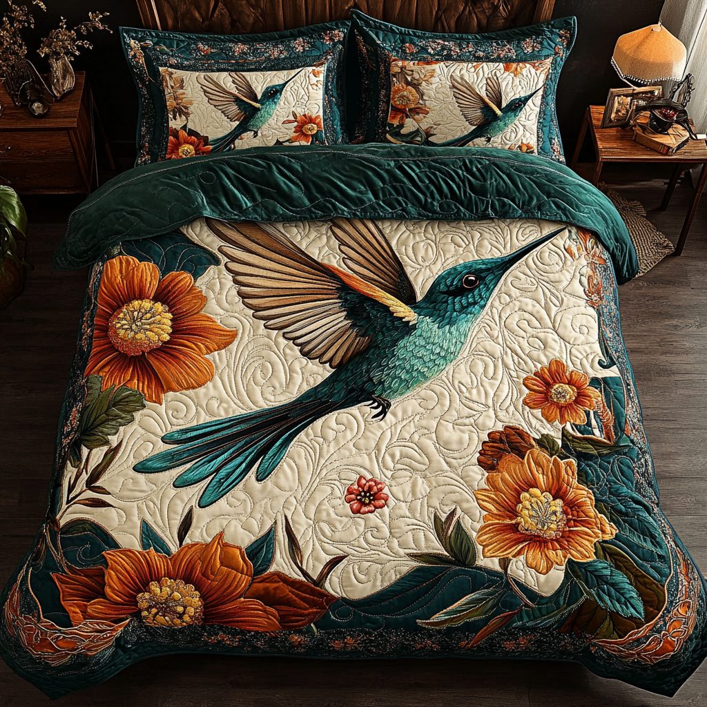 Sky Jewel quilted 3-piece bedding set on a made bed with two matching pillow shams