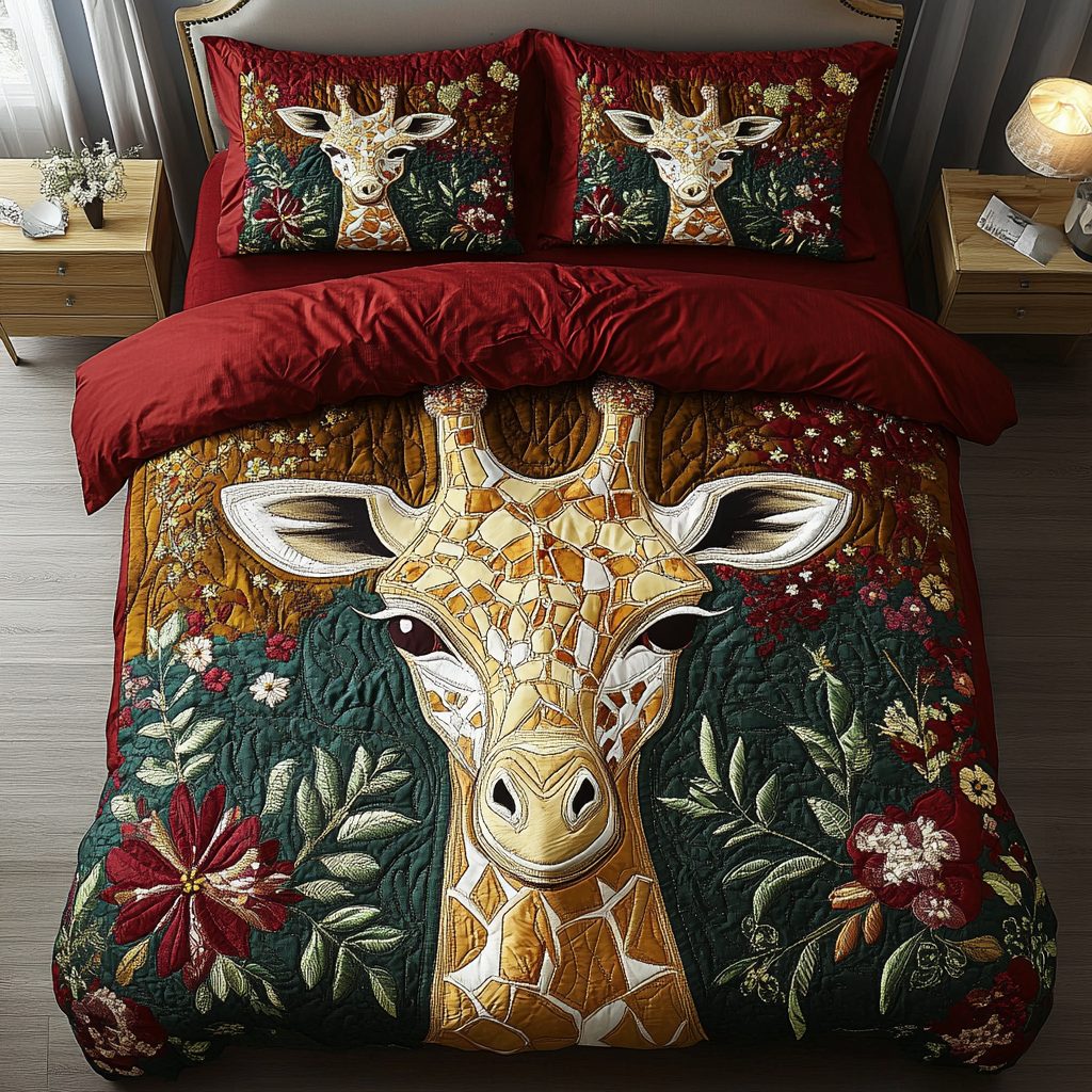 Sky Reacher quilted 3-piece bedding set on a made bed with two matching pillow shams