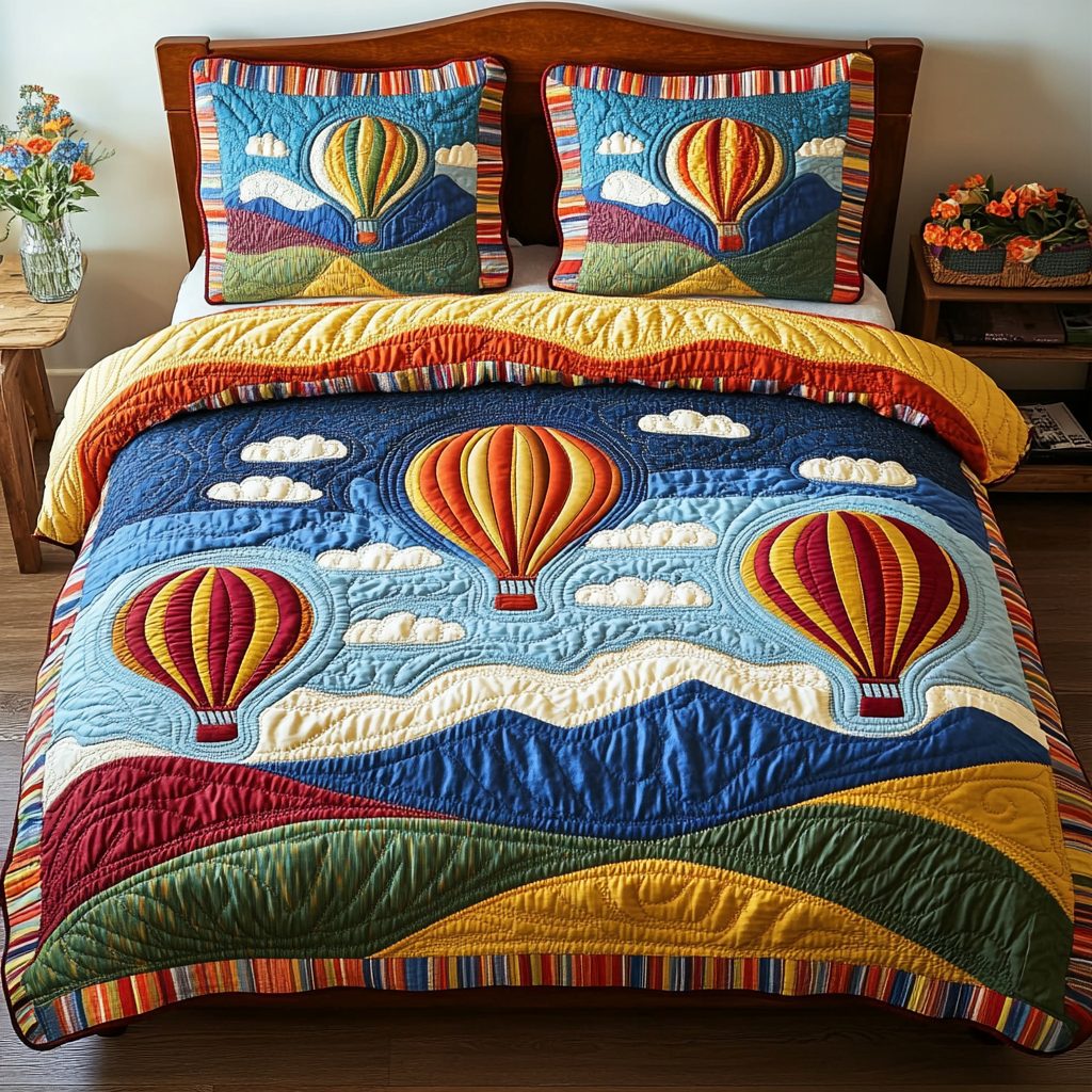 Sky Voyage quilted 3-piece bedding set on a made bed with two matching pillow shams