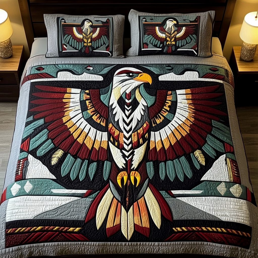 Skys Embrace quilted 3-piece bedding set on a made bed with two matching pillow shams