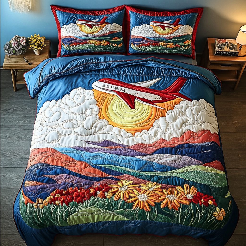 Skyward Airplane quilted 3-piece bedding set on a made bed with two matching pillow shams