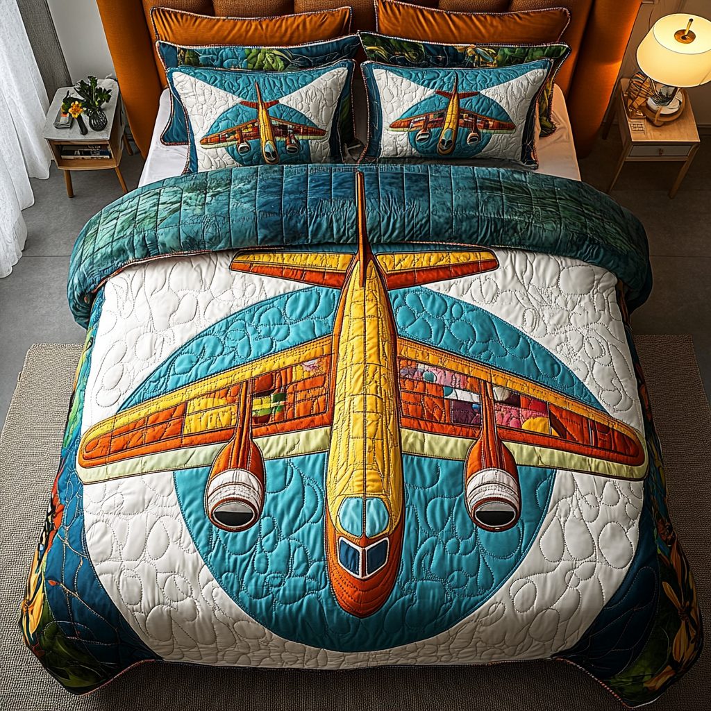 Skyward Airplane quilted 3-piece bedding set on a made bed with two matching pillow shams