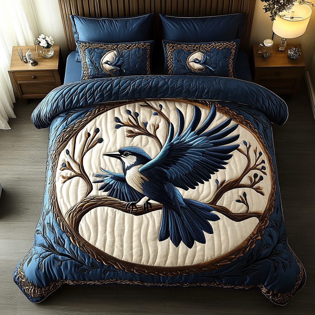 Skyward Bluejay quilted 3-piece bedding set on a made bed with two matching pillow shams