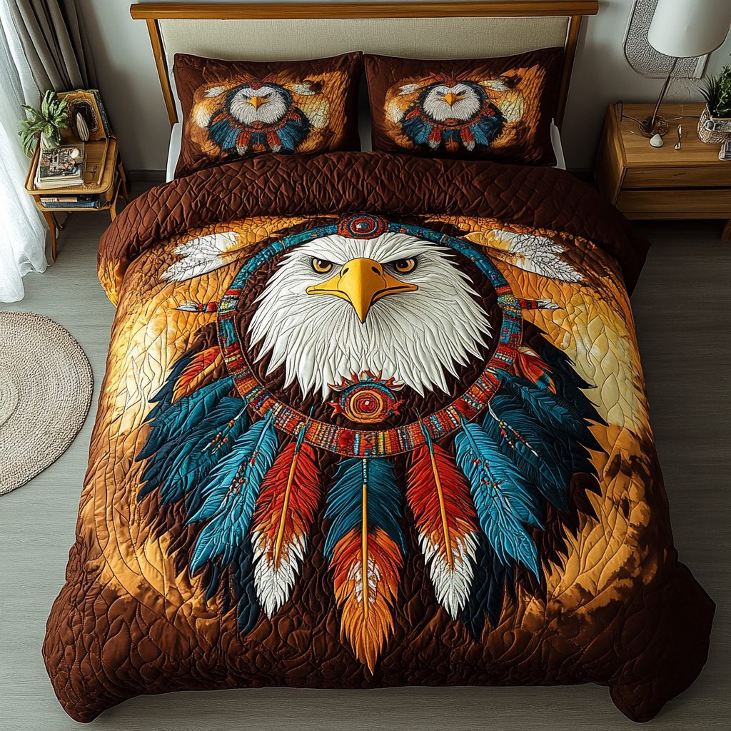 Skyward Heritage quilted 3-piece bedding set on a made bed in a farmhouse bedroom