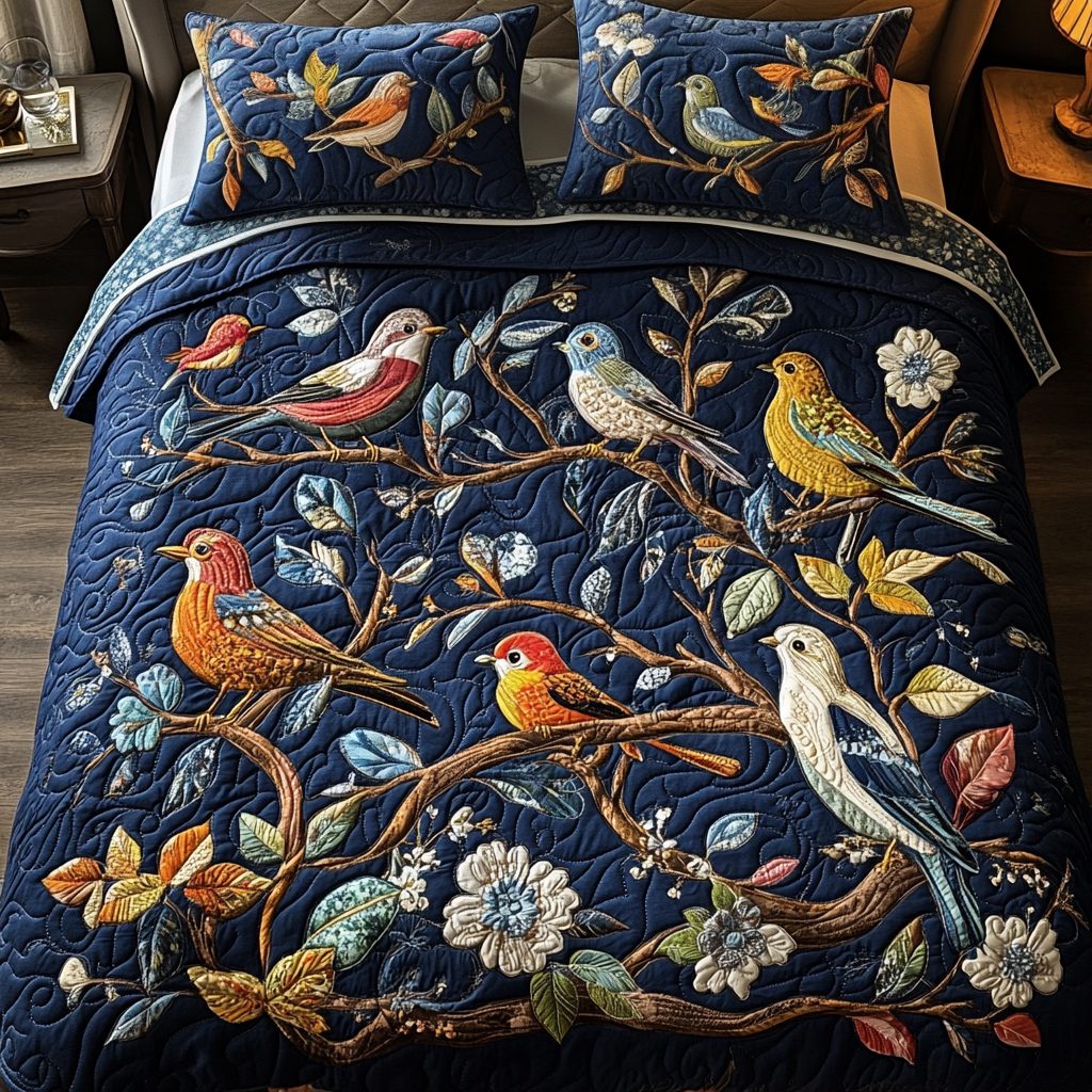 Skyward Melodies quilted 3-piece bedding set on a made bed with two matching pillow shams