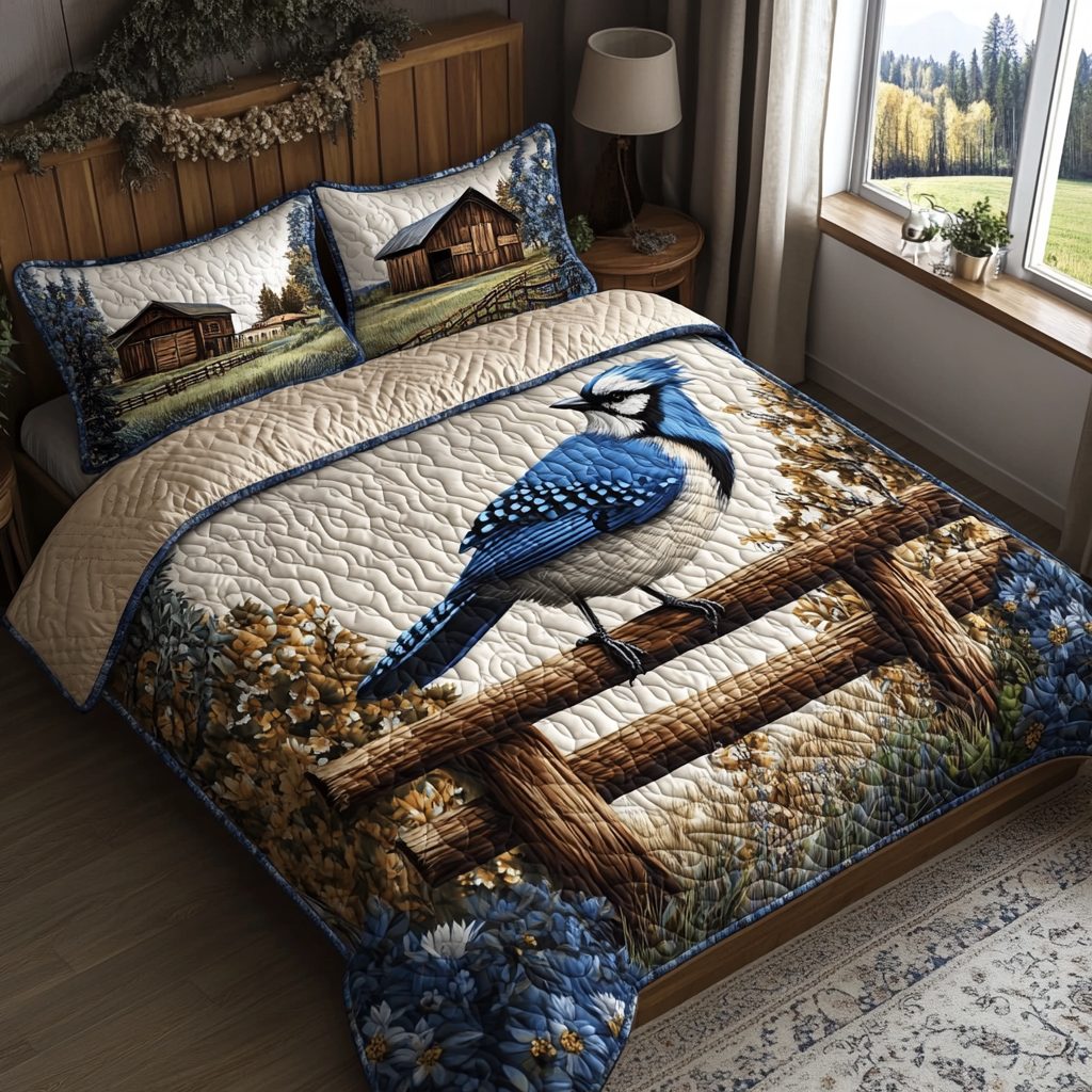Skyward Song quilted 3-piece bedding set on a made bed with two matching pillow shams