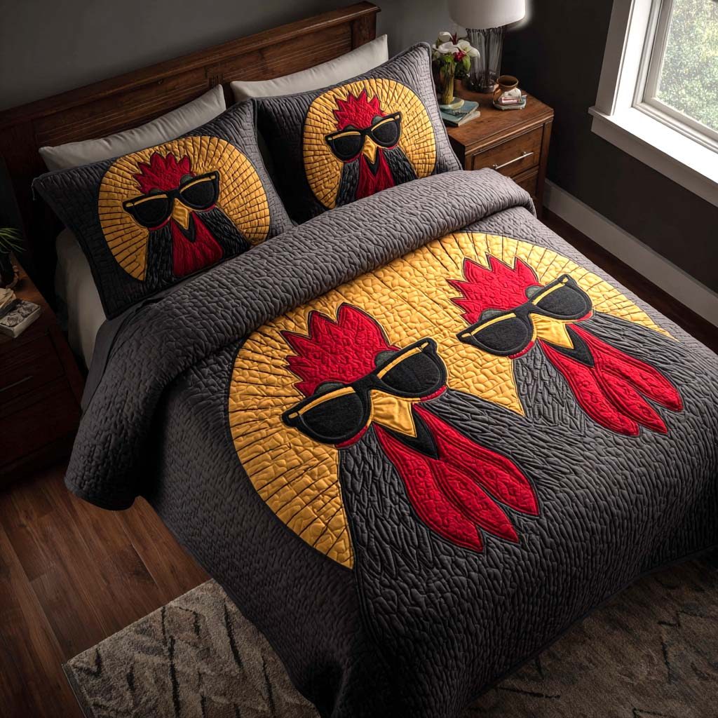 Slay the Coop quilted 3-piece bedding set on a made bed with two matching pillow shams