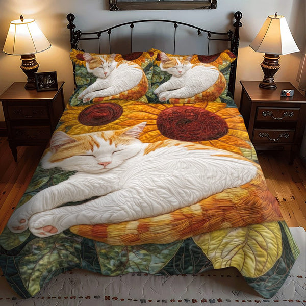 Sleeping Cat Sunflower quilted 3-piece bedding set on a made bed with two matching pillow shams