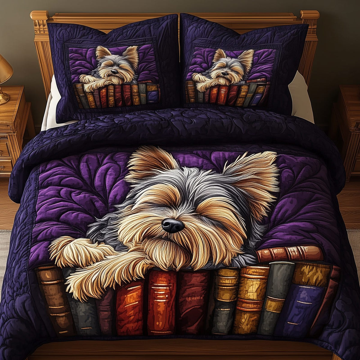 Sleeping Yorkie quilted 3-piece bedding set on a made bed with two matching pillow shams