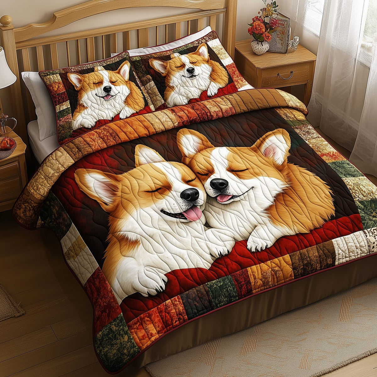 Sleepping Corgi quilted 3-piece bedding set on a made bed with two matching pillow shams