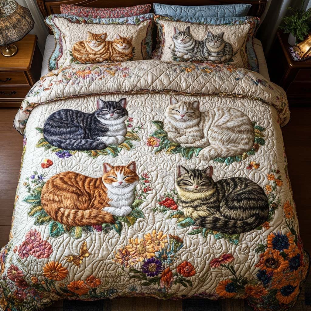 Sleepy Cat Magic quilted 3-piece bedding set on a made bed with two matching pillow shams