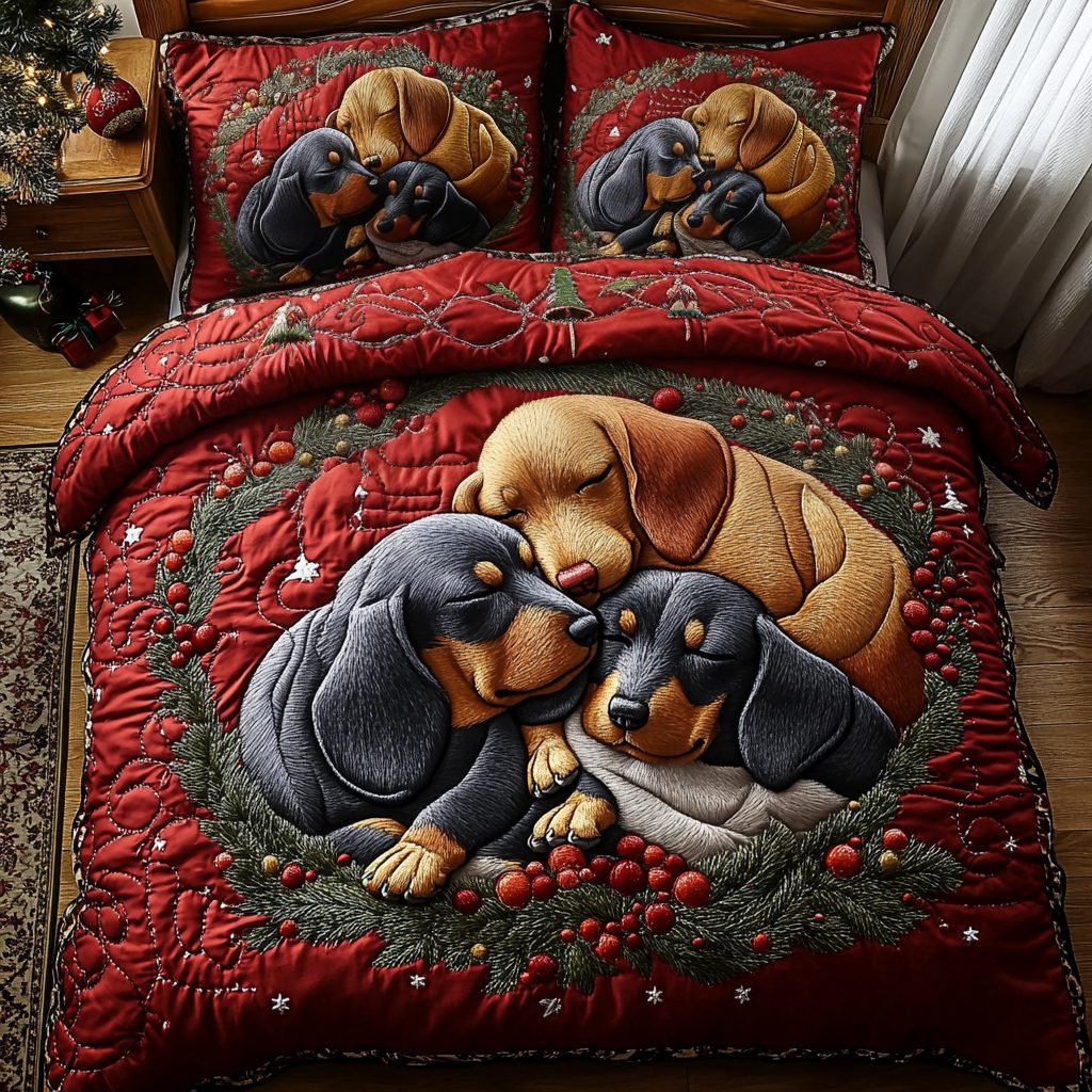 Sleepy Tail Tales quilted 3-piece bedding set on a made bed with two matching pillow shams