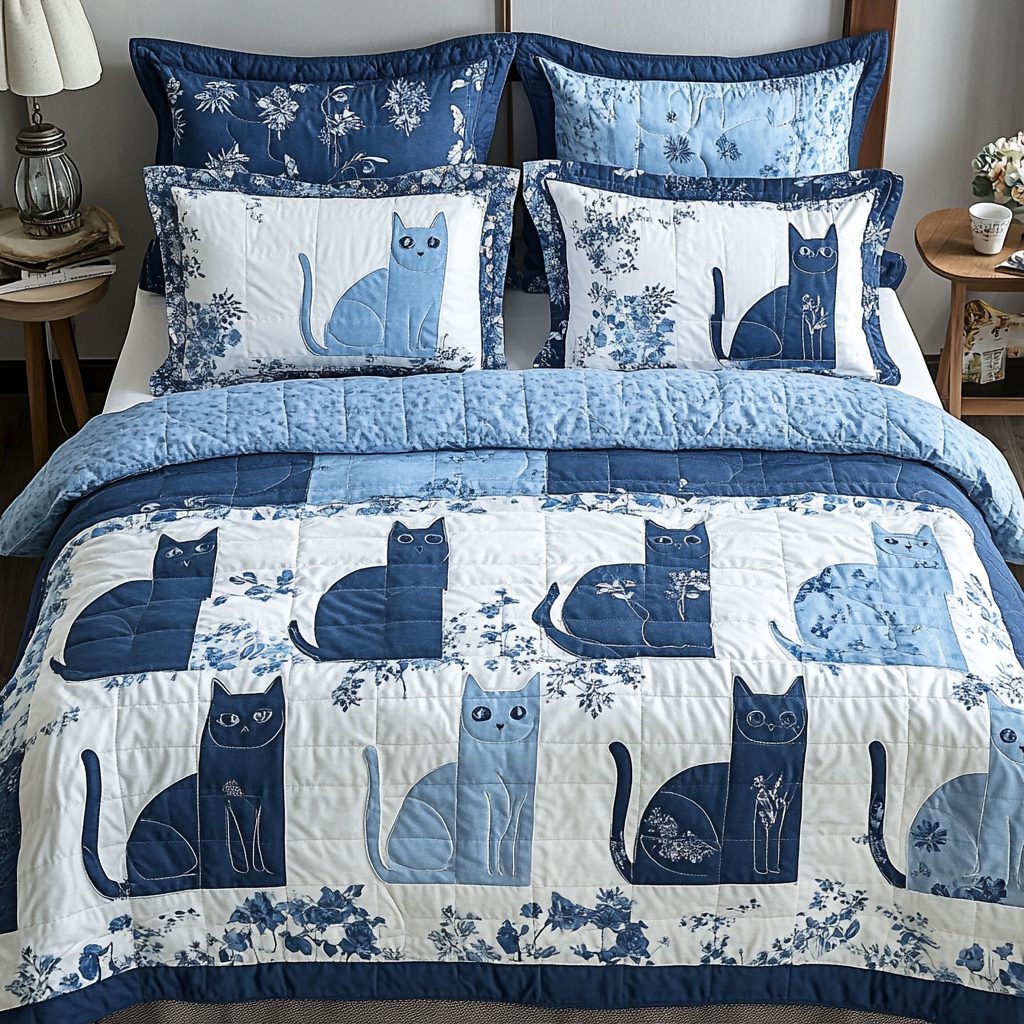 Sleepy Whiskers quilted 3-piece bedding set on a made bed with two matching pillow shams