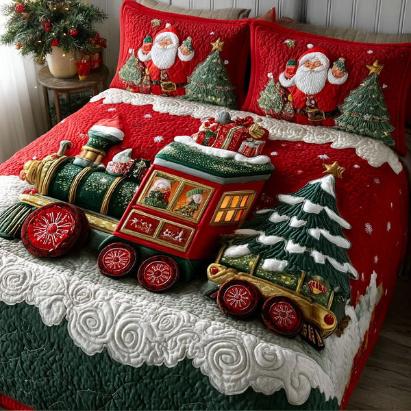 Sleigh-on-Rails quilted 3-piece bedding set on a made bed in a winter-styled bedroom