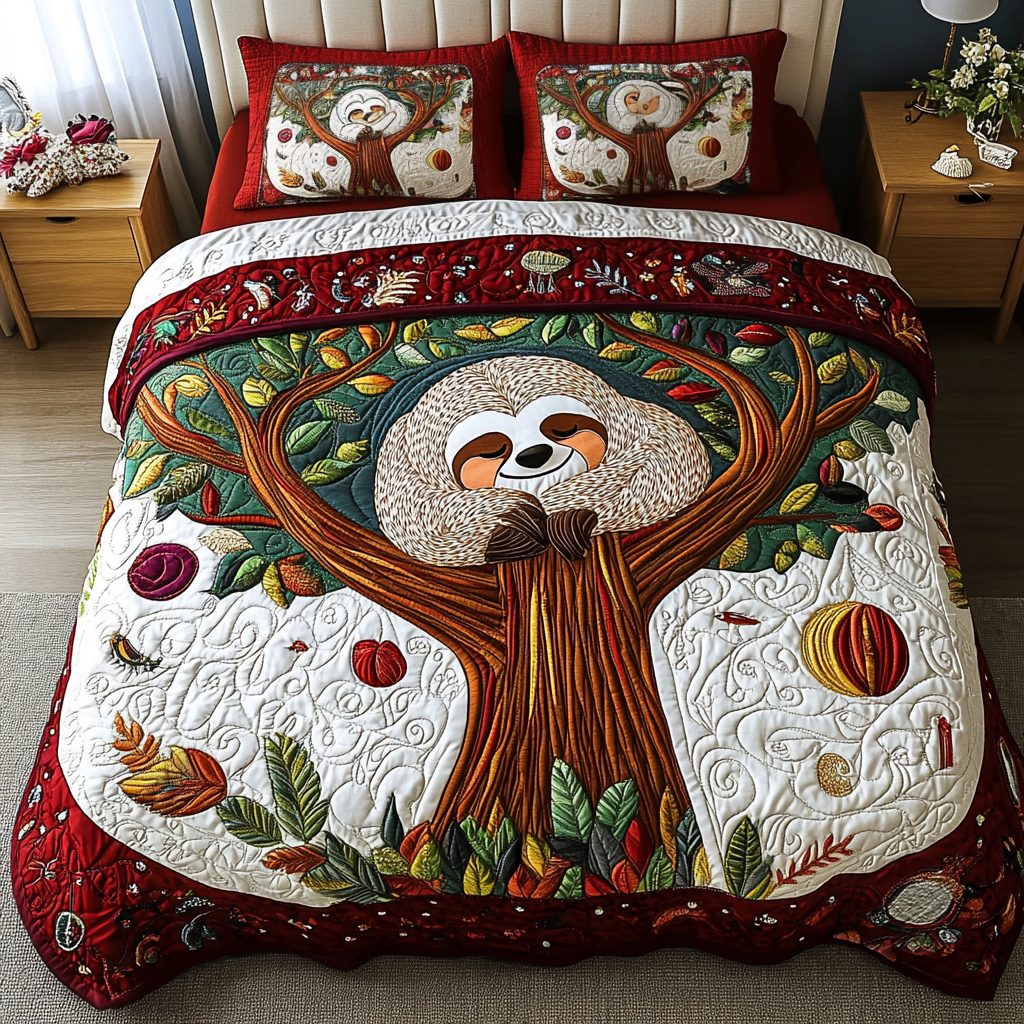 Sloth Serenity quilted 3-piece bedding set on a made bed with two matching pillow shams