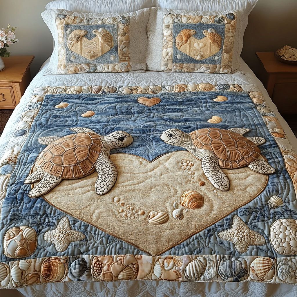 Slow and Steady Hearts quilted 3-piece bedding set on a made bed with two matching pillow shams