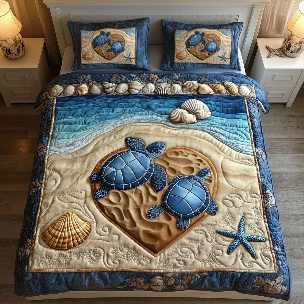 Slow and Steady Love quilted 3-piece bedding set on a made bed with two matching pillow shams