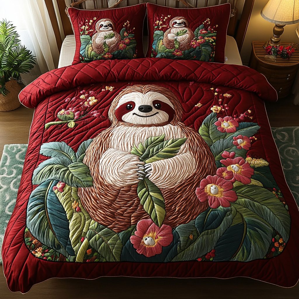 Slow and Steady quilted 3-piece bedding set on a made bed with two matching pillow shams