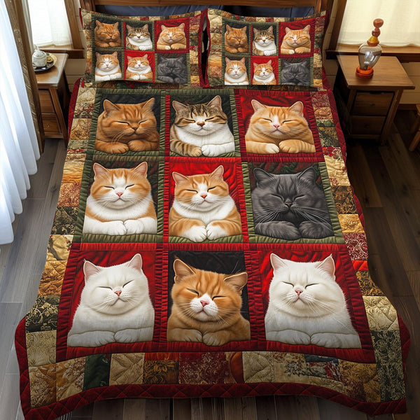 Slumbering Feline quilted 3-piece bedding set on a made bed with two matching pillow shams