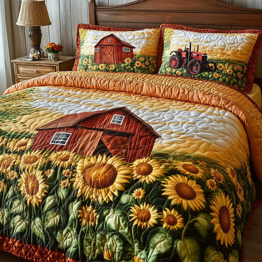 Smile Patch quilted 3-piece bedding set on a made bed with two matching pillow shams
