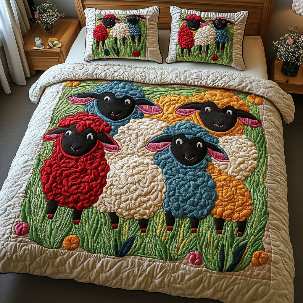 Smiling Fleece Buddies quilted 3-piece bedding set on a made bed with two matching pillow shams