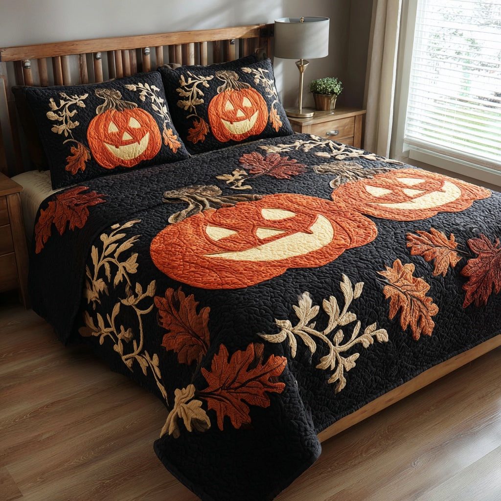 Smiling Pumpkins quilted 3-piece bedding set on a made bed against a dark styled interior
