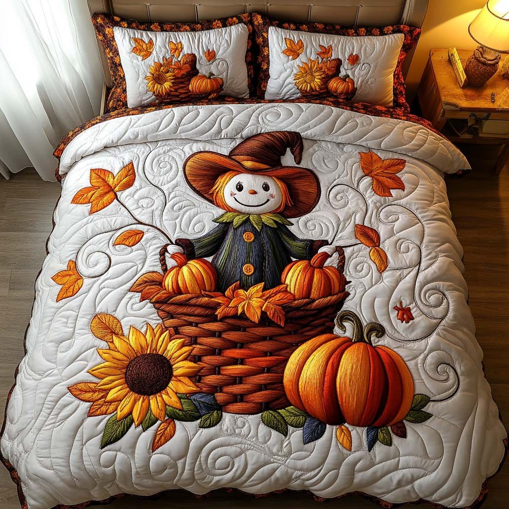 Smiling Scarecrow Field quilted 3-piece bedding set on a made bed with two matching pillow shams