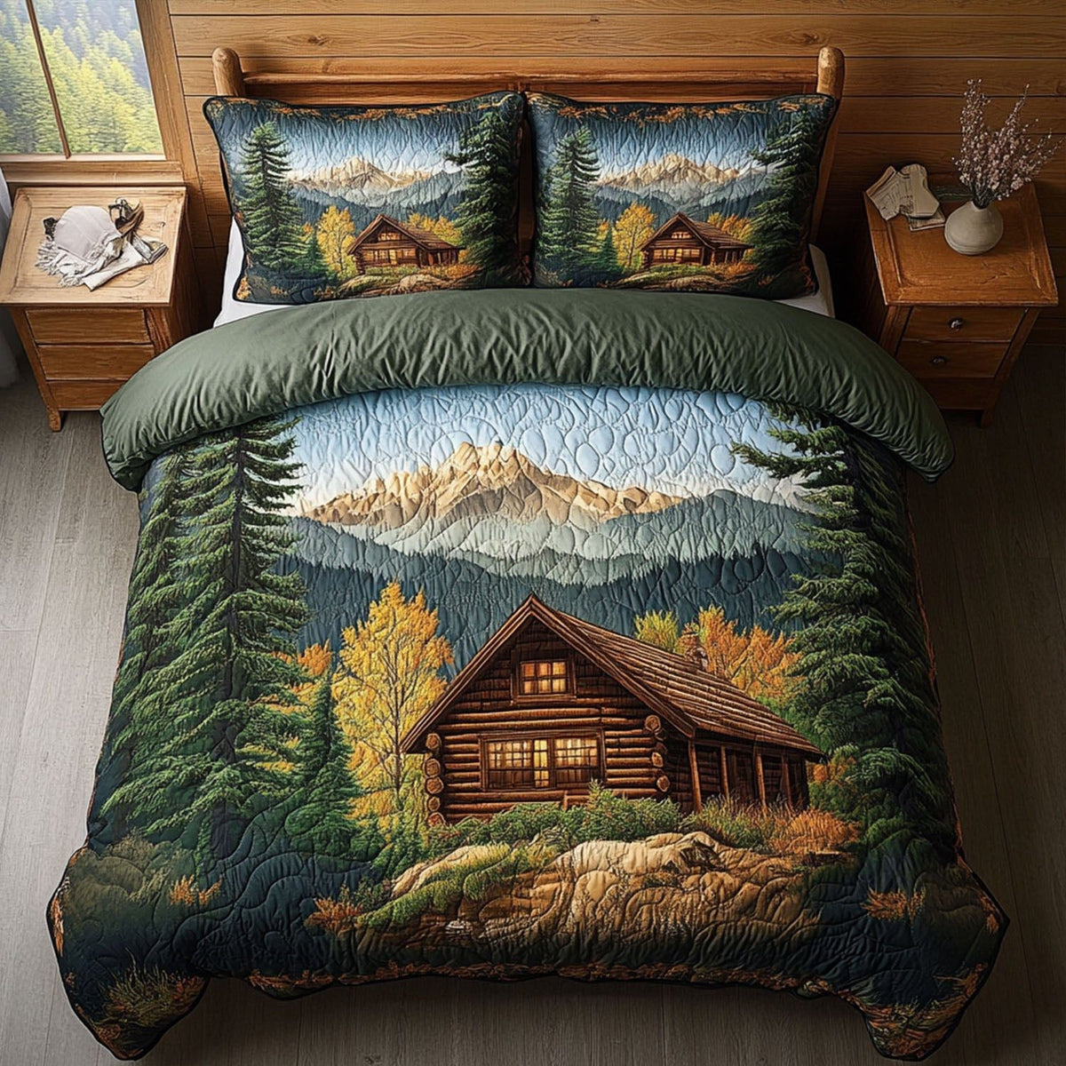 Smoky Haven quilted 3-piece bedding set on a made bed with two matching pillow shams
