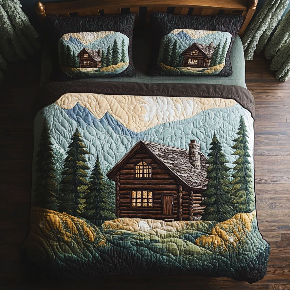 Smoky Hollow quilted 3-piece bedding set on a made bed with two matching pillow shams