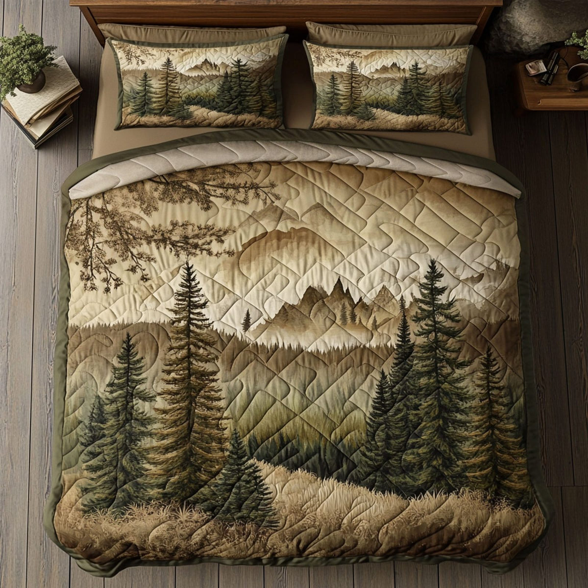 Smoky Horizon quilted 3-piece bedding set on a made bed with two matching pillow shams