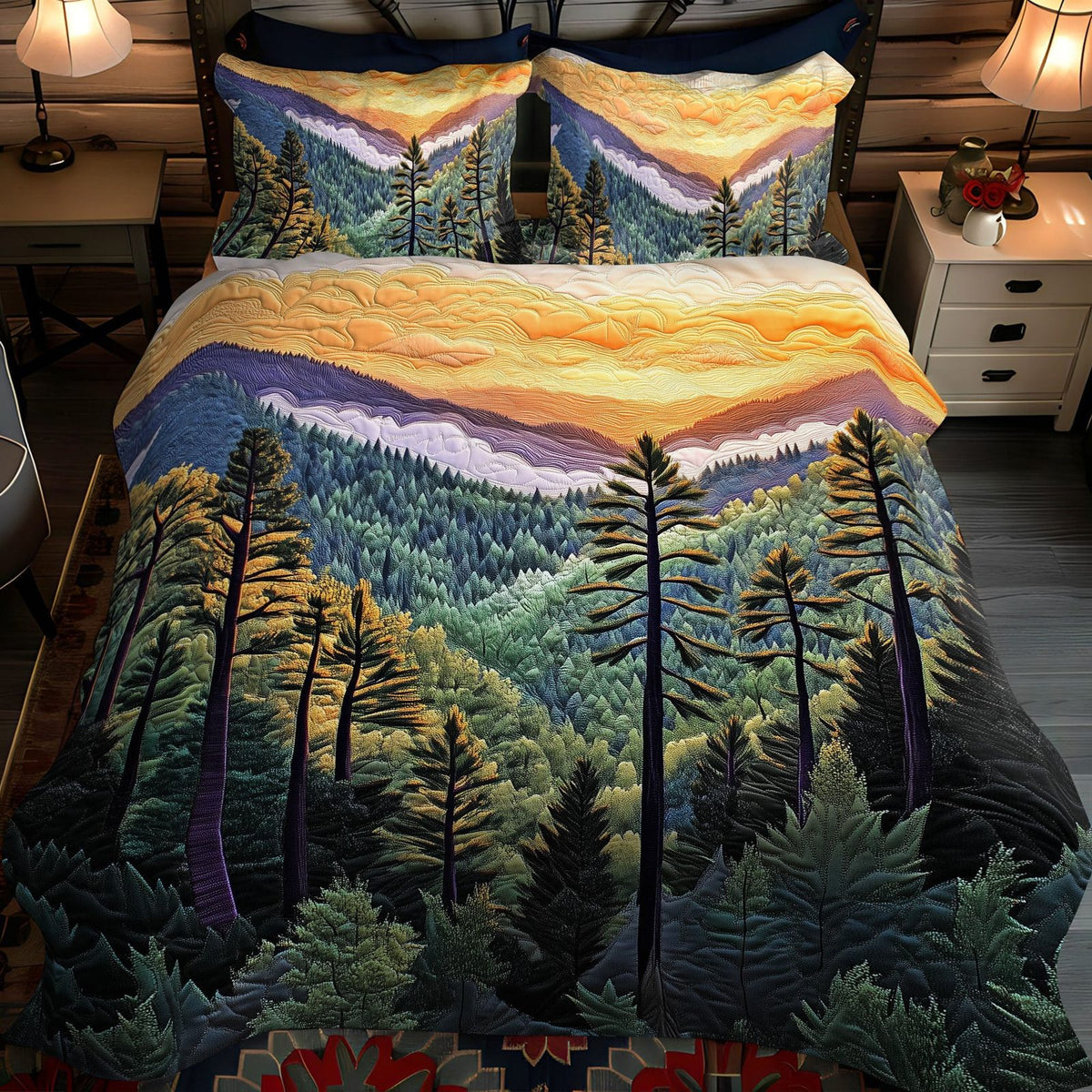 Smoky Mistscape quilted 3-piece bedding set on a made bed with two matching pillow shams
