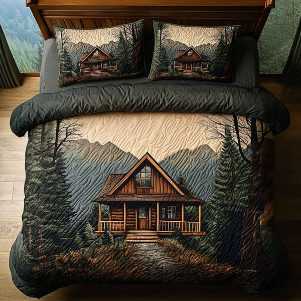 Smoky Peaks Cabin quilted 3-piece bedding set on a made bed with two matching pillow shams