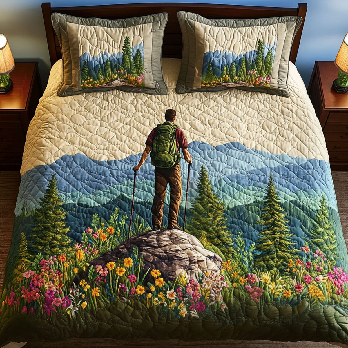 Smoky Summit quilted 3-piece bedding set on a made bed with two matching pillow shams
