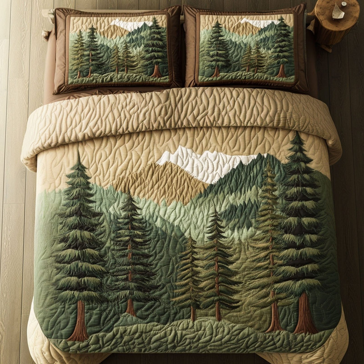 Smoky Summits quilted 3-piece bedding set on a made bed with two matching pillow shams