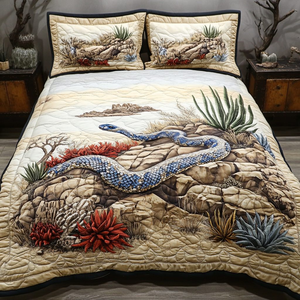 Snake Serenity quilted 3-piece bedding set on a made bed with two matching pillow shams