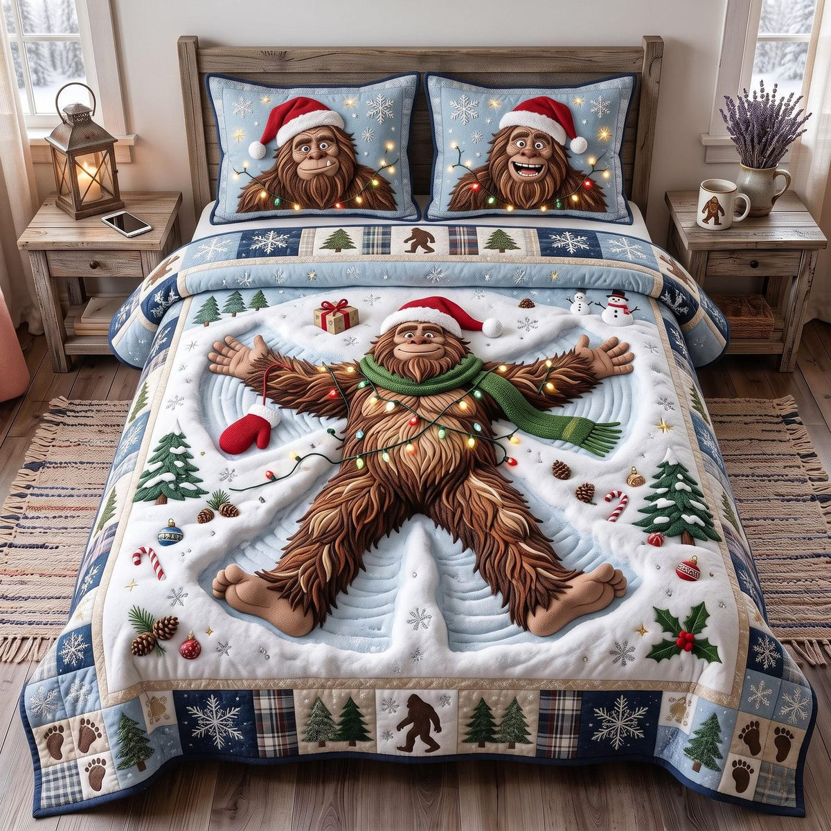 Snow Angel Bigfoot quilted 3-piece bedding set on a made bed in a softly lit bedroom