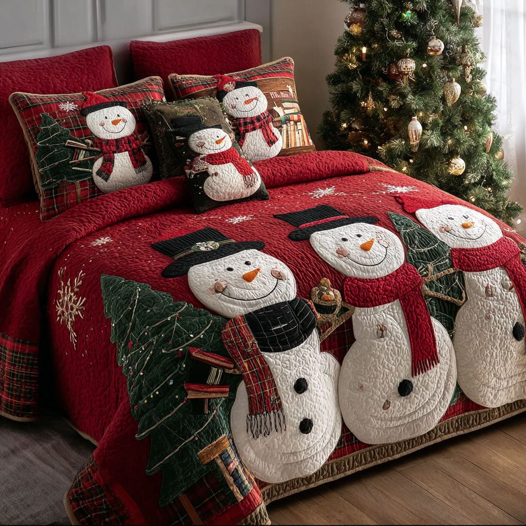 Snow Family quilted 3-piece bedding set on a made bed with two matching pillow shams