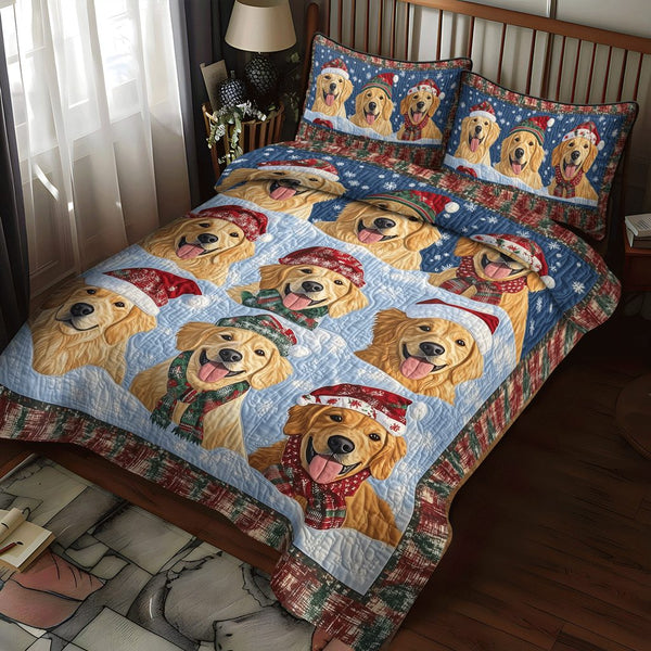 Snow Golden Puppy quilted 3-piece bedding set on a made bed with two matching pillow shams