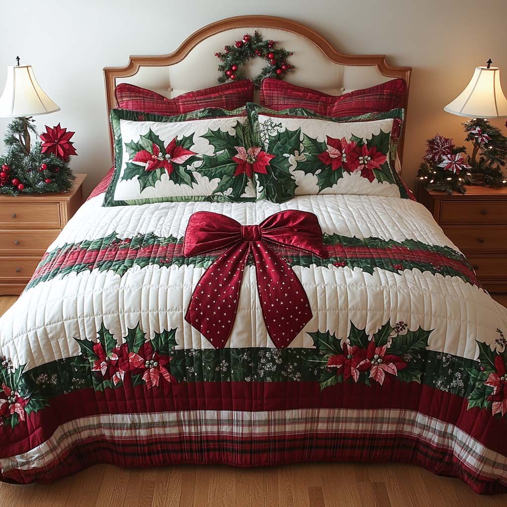 Snowberry Bow quilted 3-piece bedding set on a made bed with two matching pillow shams