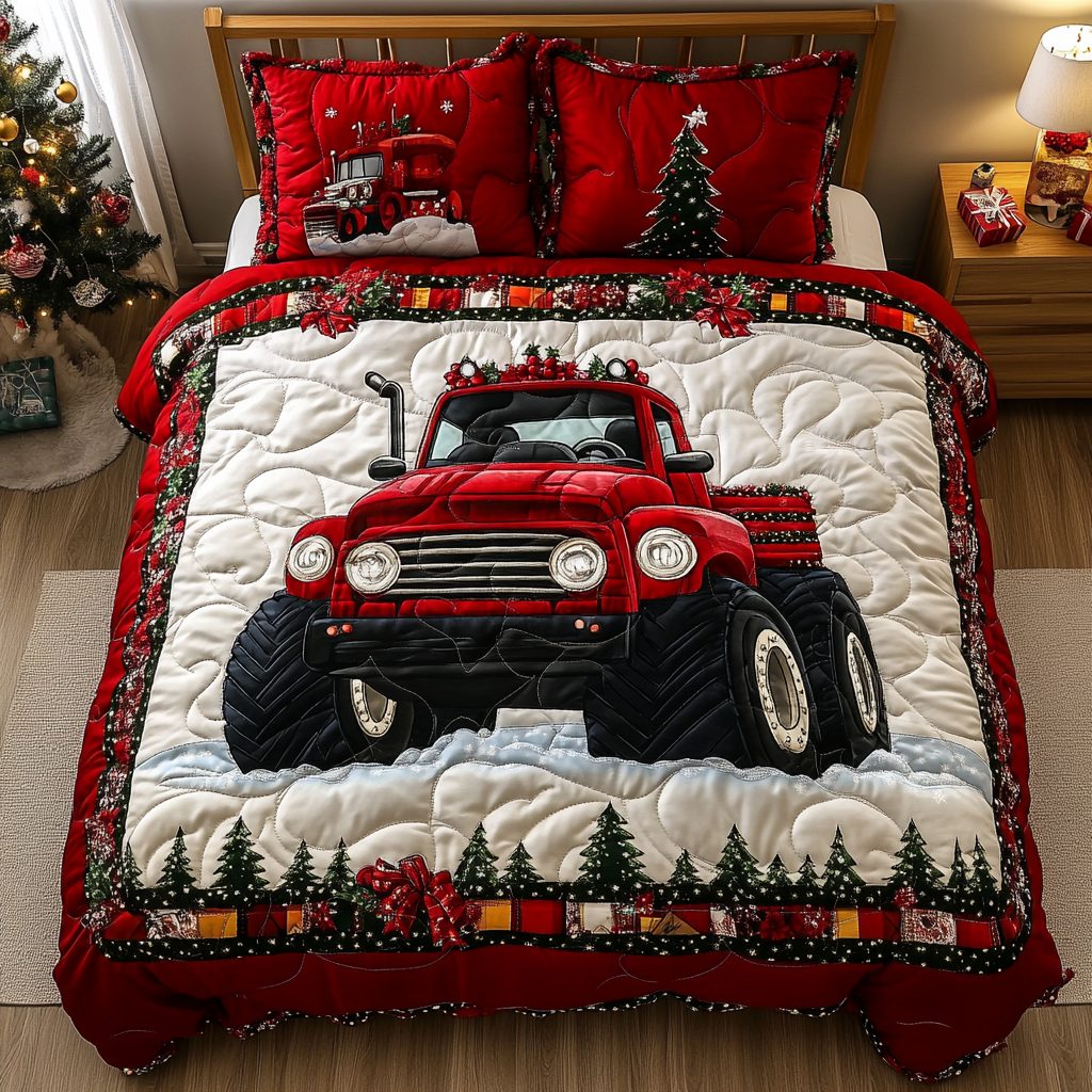 Snowbound Monster Truck quilted 3-piece bedding set on a made bed with two matching pillow shams