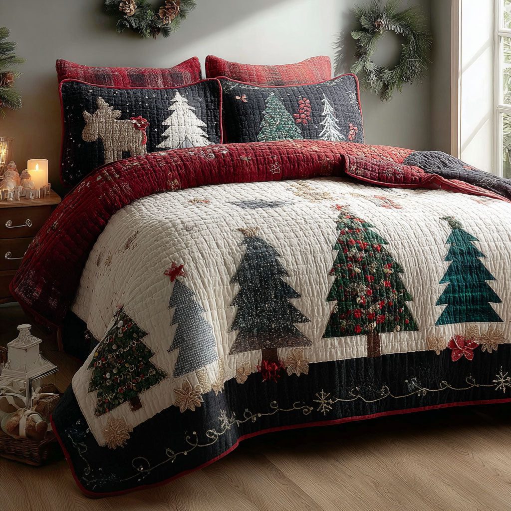 Snowbound Pinescape quilted 3-piece bedding set on a made bed with two matching pillow shams
