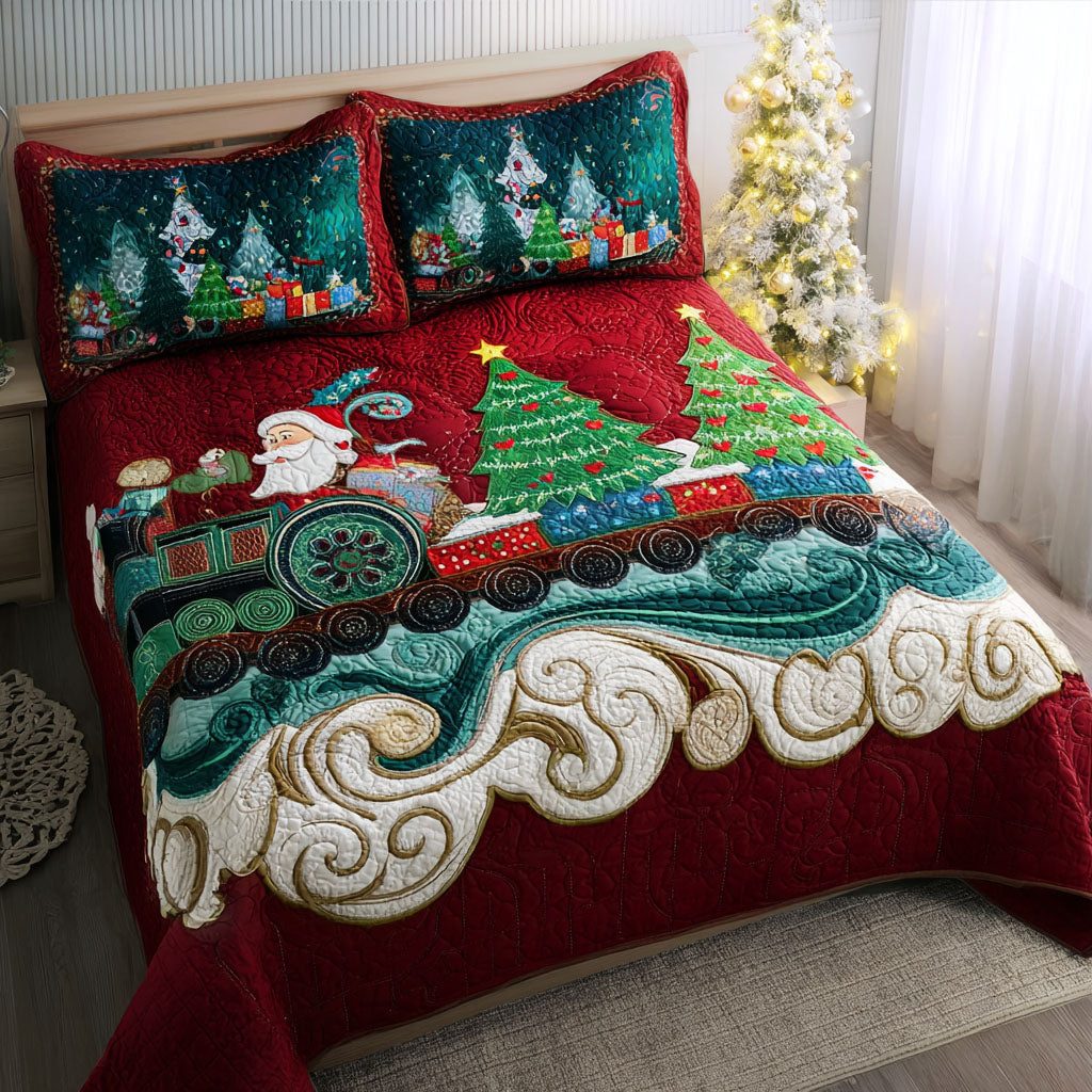 Snowbound Train quilted 3-piece bedding set on a made bed with two matching pillow shams