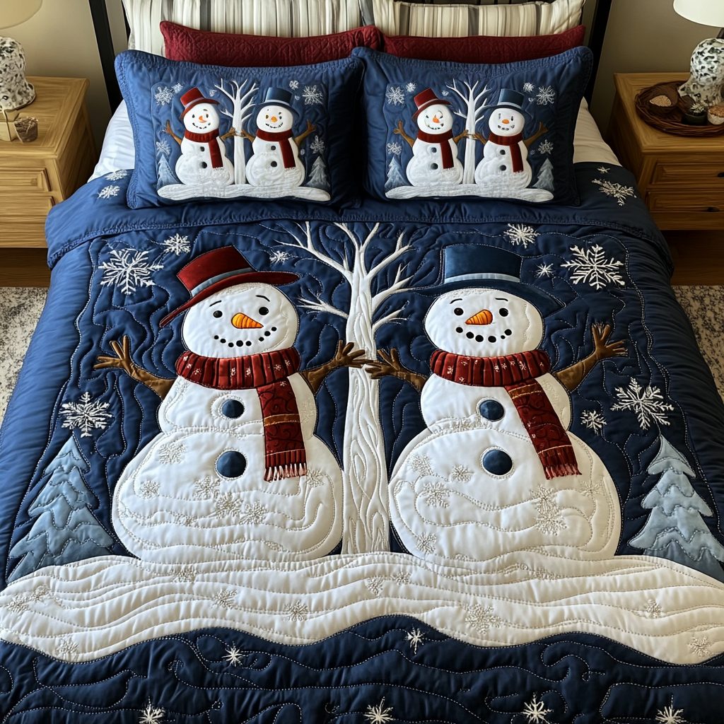Snowflake Haven quilted 3-piece bedding set on a made bed in a winter-styled bedroom