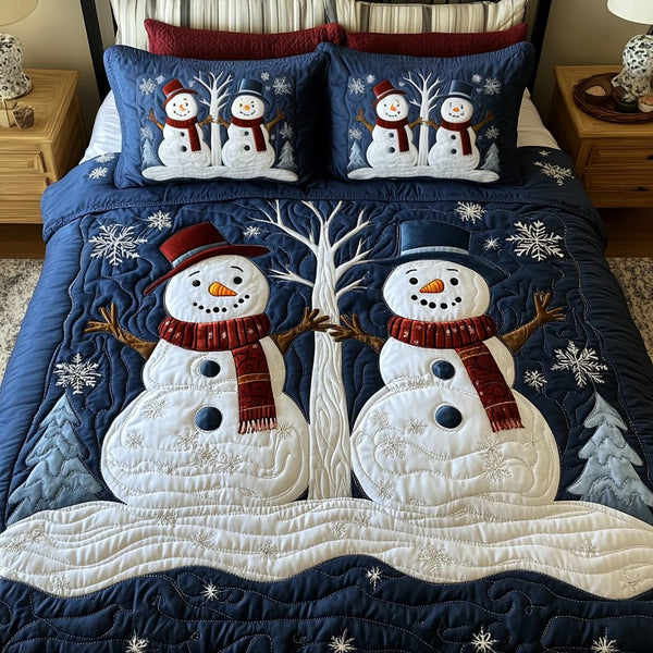 Snowflake Haven quilted 3-piece bedding set on a made bed in a winter-styled bedroom